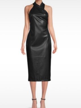 RACHEL Rachel Roy Black Faux Leather Halter Midi Dress